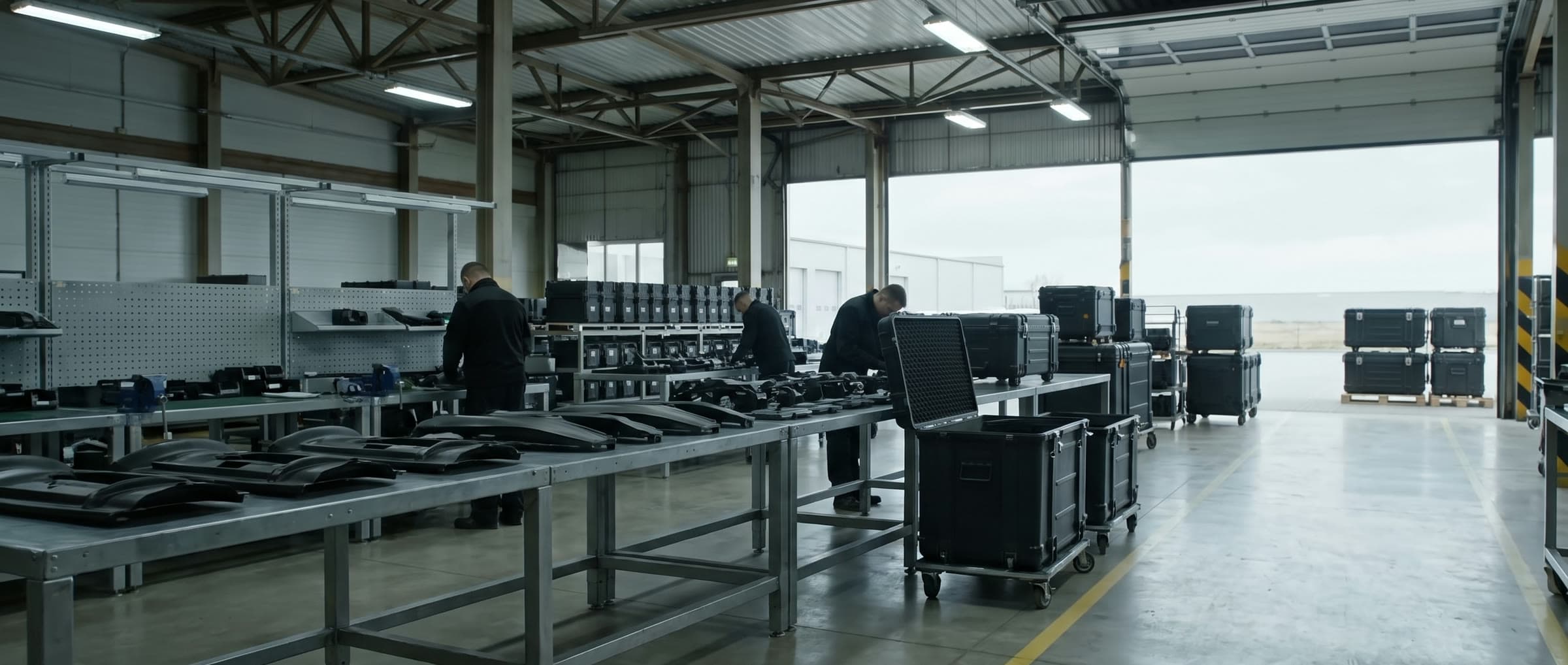 Hala produkcyjna: stalowe blaty z czarnymi elementami kompozytowymi, skrzynie transportowe i otwarta brama załadunkowa