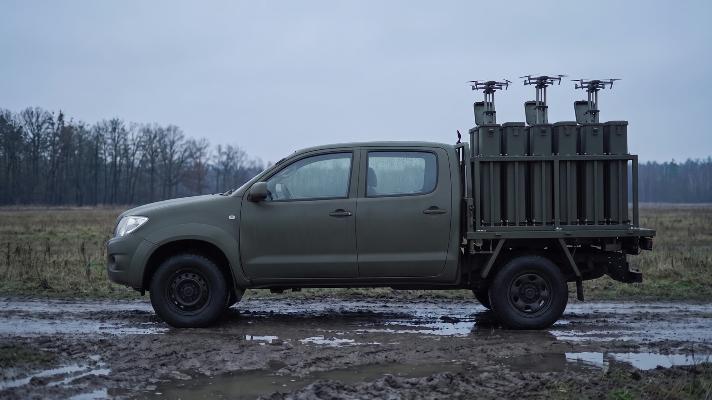 Pickup z zabudową dwunastu wyrzutni tubowych w skrzyni, trzy kolumny wysunięte ze złożonymi maszynami