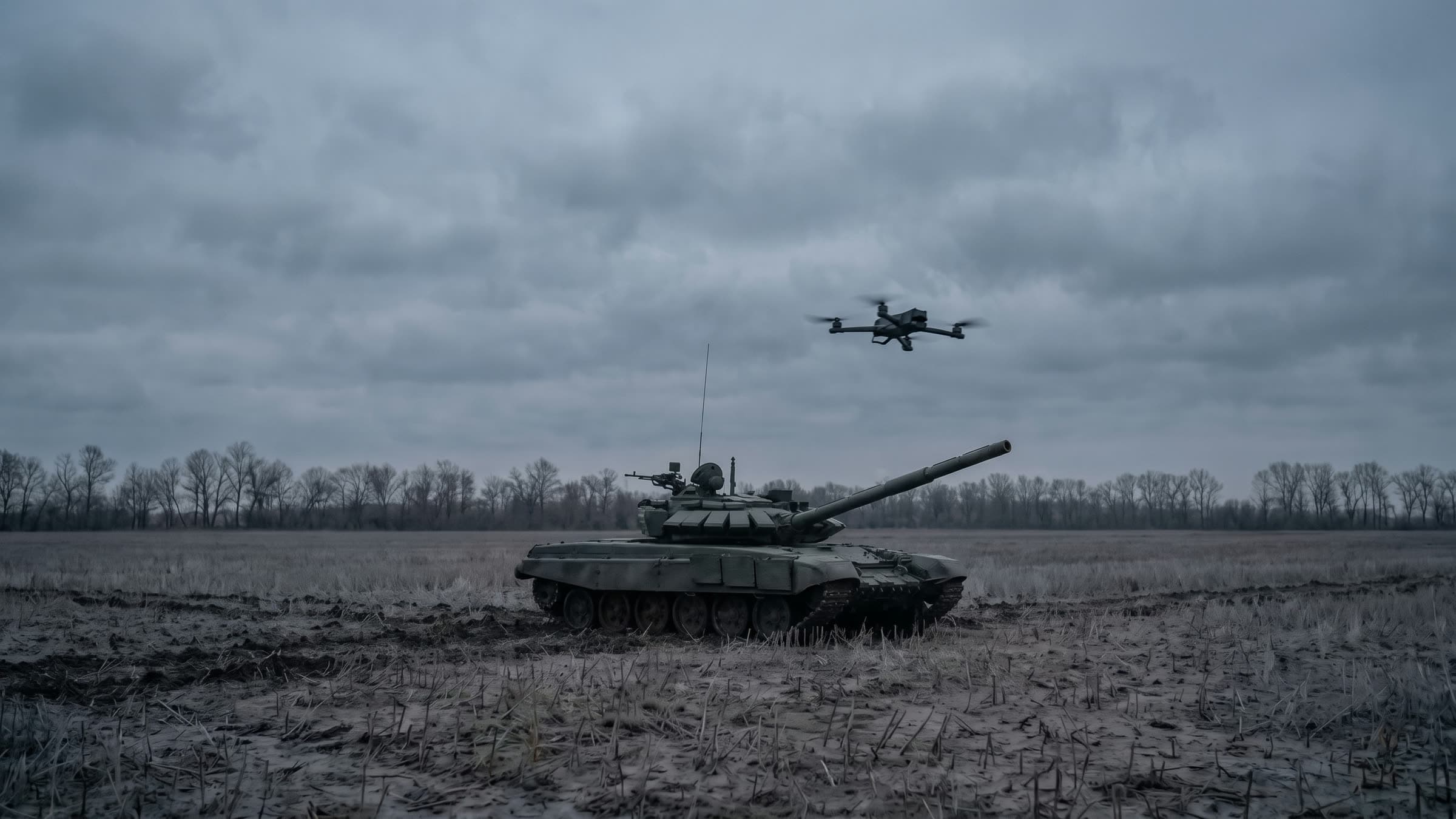 Czołg na polu i pojedynczy dron schodzący w jego stronę, pochmurne niebo