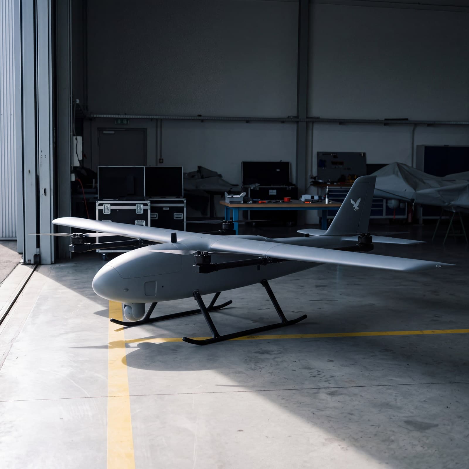Raven T3 w hali, głowica obserwacyjna pod przednią częścią kadłuba
